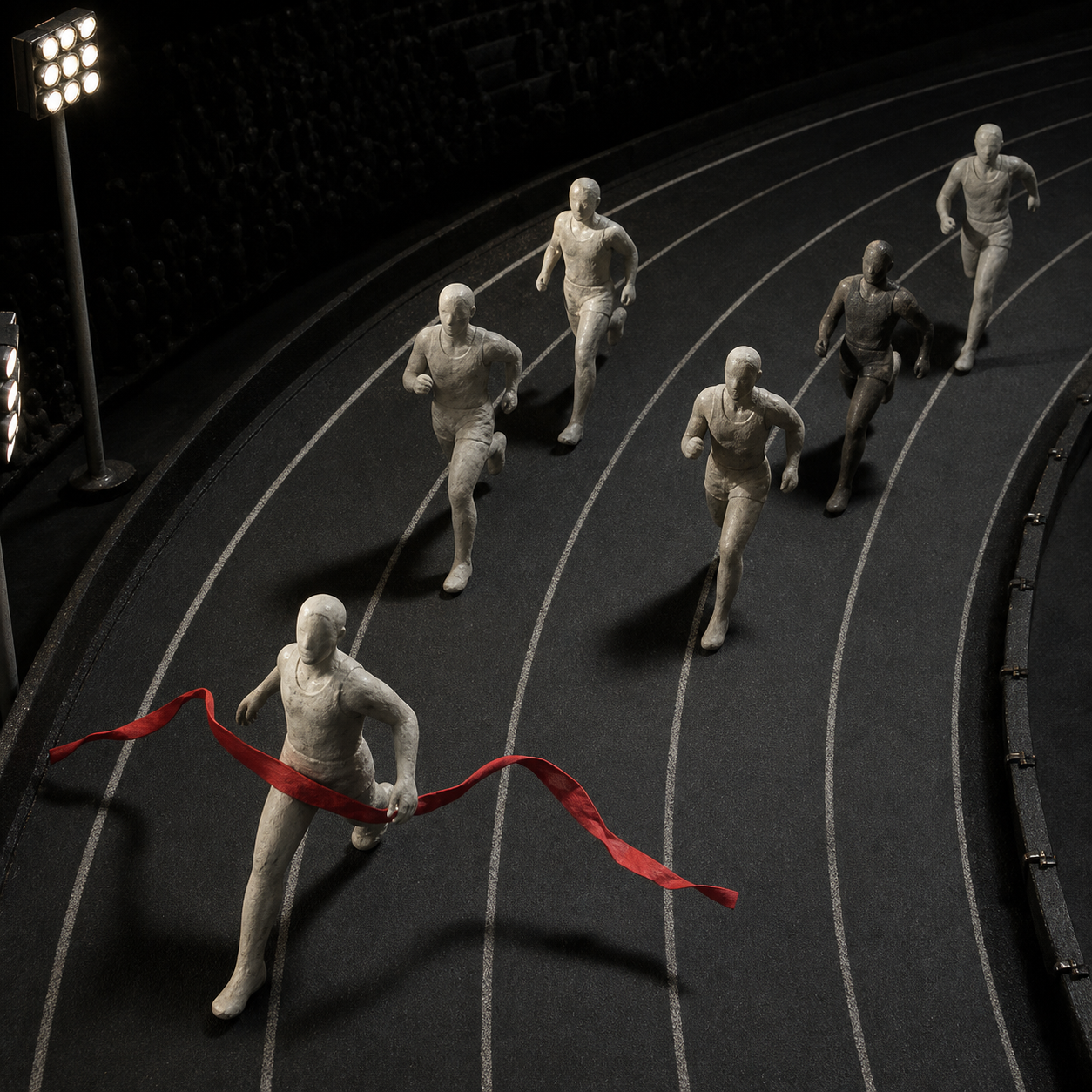 Diorama nocturno de un grupo de corredores tras una figura que acaba de romper una cinta roja
