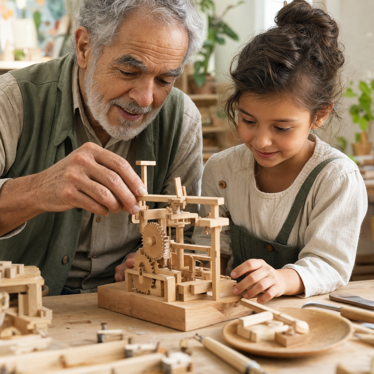 Hombre mayor y niña construyen juntos un mecanismo de madera en un taller luminoso