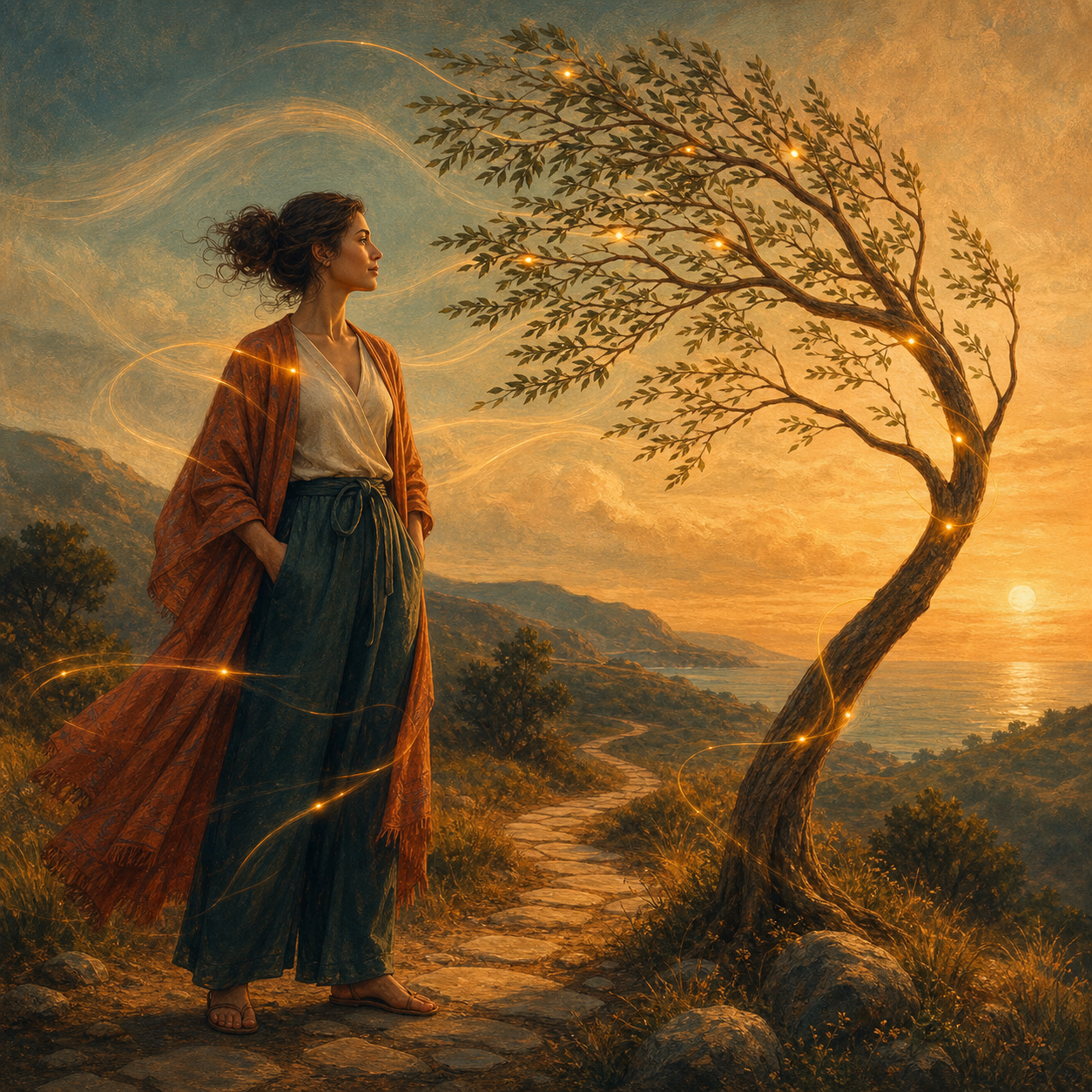 Mujer serena junto a un árbol que se curva con el viento y recibe pequeños pulsos de luz