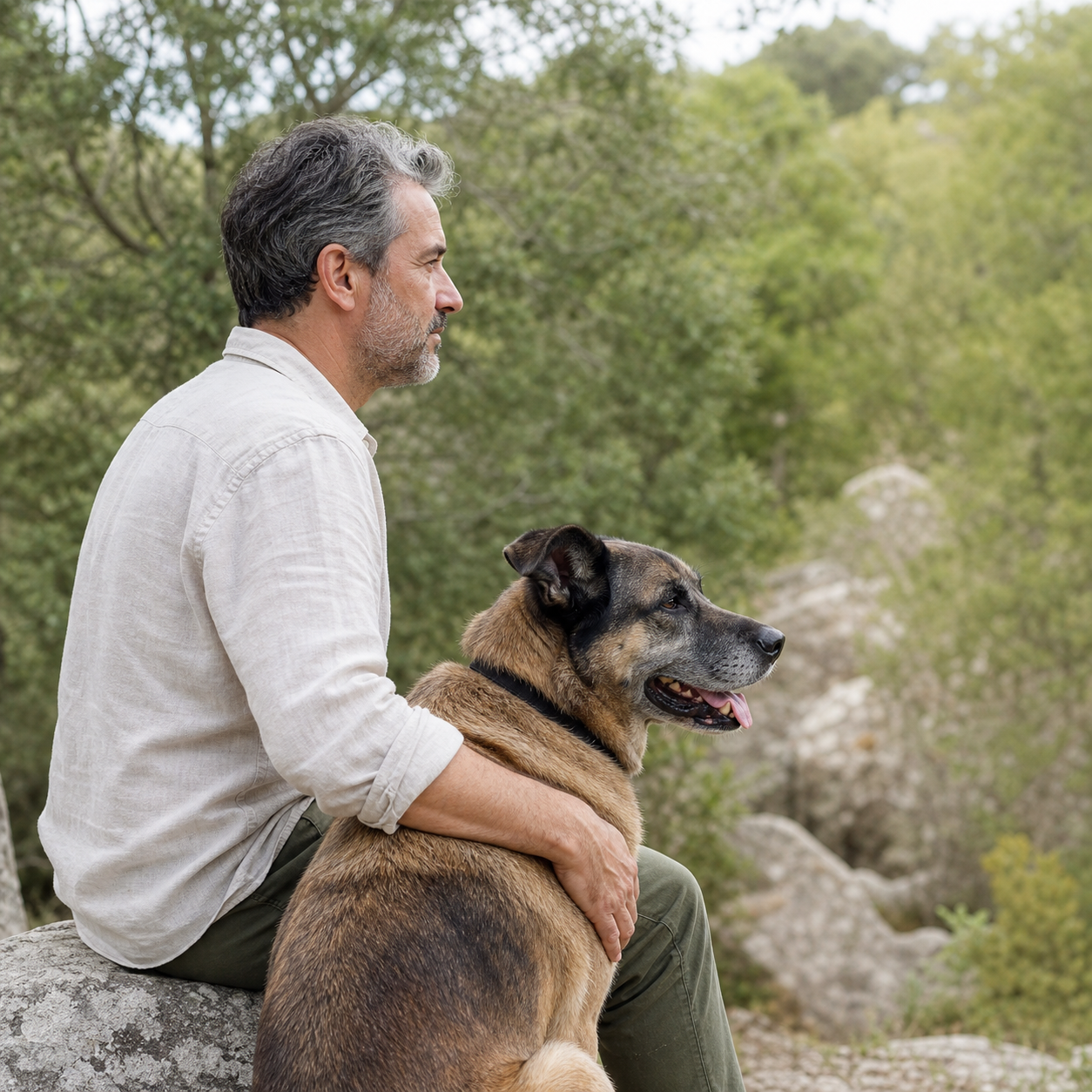 Hombre sentado junto a un perro en un bosque mediterráneo a plena luz del día